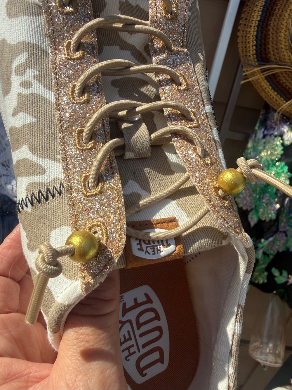 Hey Dude NEW Festival Women's Tan Beige Camo Sneakers with Gold Glitter Trim 10 - Picture 10 of 13